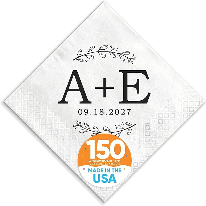 Big Dot of Happiness Personalized Rustic Leaves Monogram Wedding Napkins, Custom Engagement or Anniversary Party Laurel Wreath Branch Decor, White 3-Ply Paper Luncheon Napkins - 150 Count