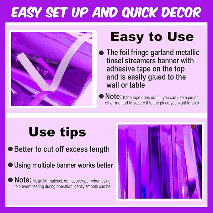 4 Pack 10 Ft Purple Foil Fringe Garland Metallic Streamers Tinsel Banner Wall Hanging Garland Backdrop for Parade Floats, Halloween, Christmas, Thanksgiving, New Year Party Decorations