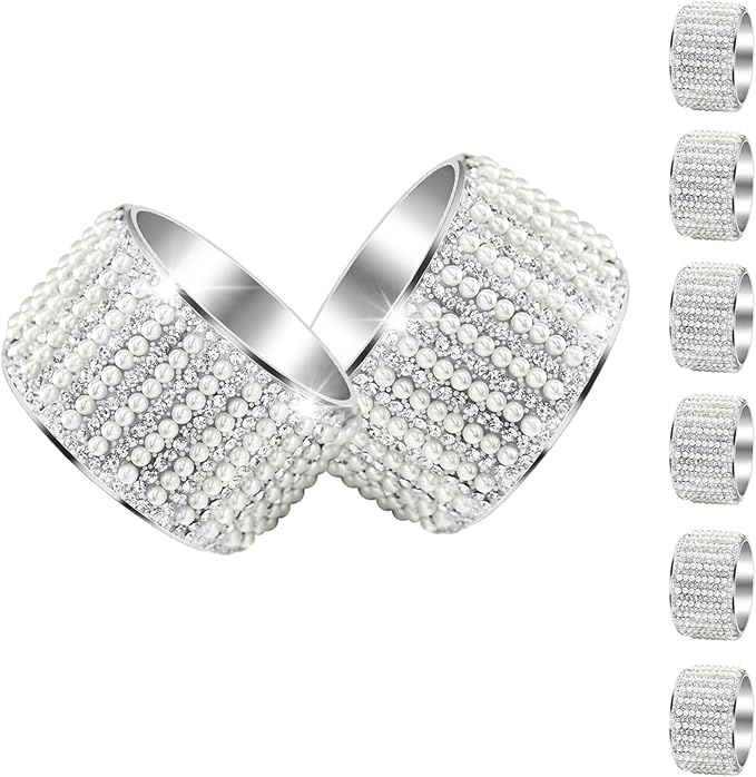 Diamond Pearls12cs Napkin Rings Rhinestone Crystal Glass Framed Napkin Holder Handmade Serviette Buckles for Christmas, Easter, Thanksgiving Day Wedding Banquet Home Party Decoration Dining Table