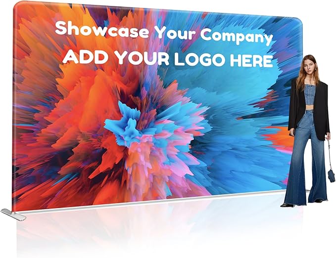 Custom Stand Backdrop with Aluminum Stand, 7.5x10ft Commercial Tension Fabric Banner, Double-Sided Printing for Trade Show, Weddings, Party, Business