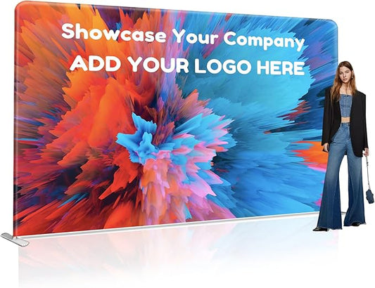 Custom Stand Backdrop with Aluminum Stand, 7.5x10ft Commercial Tension Fabric Banner, Double-Sided Printing for Trade Show, Weddings, Party, Business