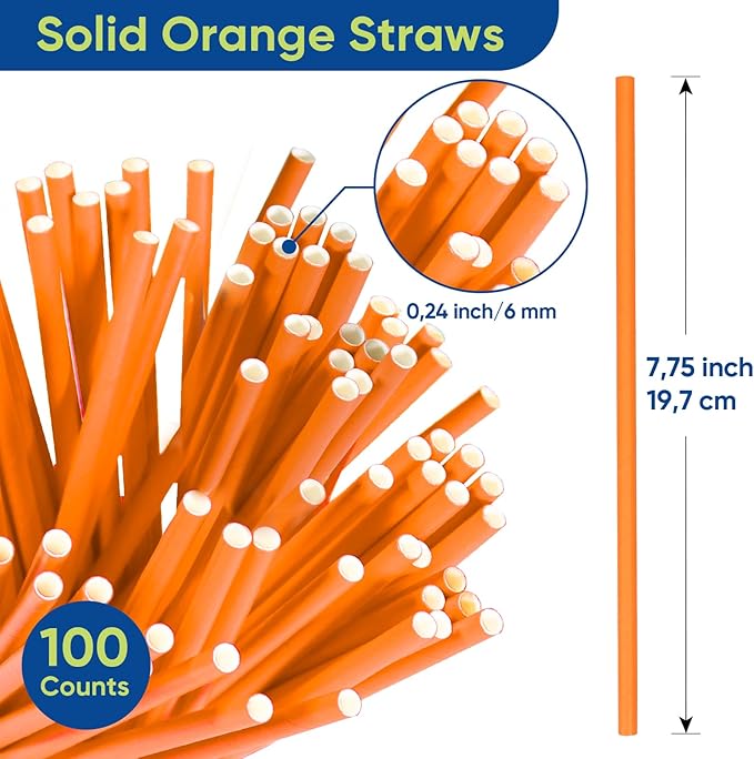 7.75 inch Solid Orange Paper Drinking Straws Unwrapped 100 Counts for Cocktail, Bar, Restaurants, Water, Juice, Soda