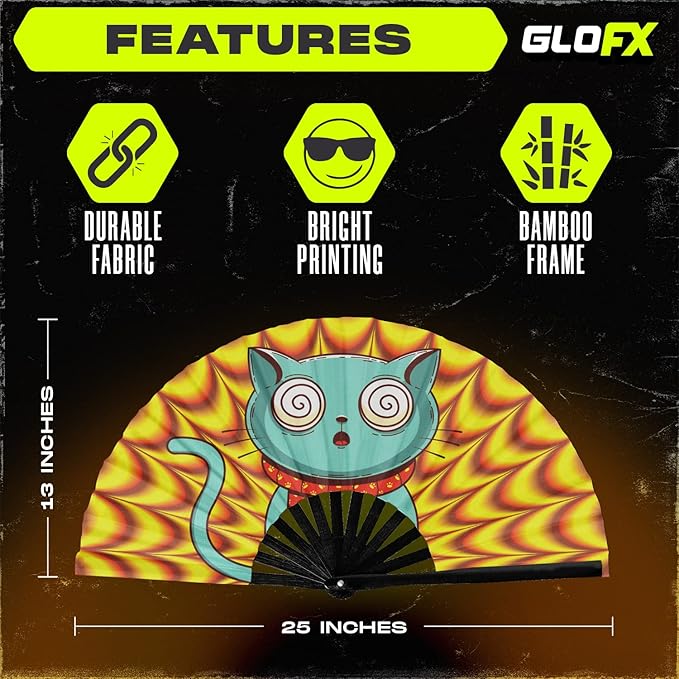 GloFX Folding Fan - Trippy Kitty - Large Rave Clack Folding Hand Fan for Men/Women - for EDM, Music Festival, Club, Event, Party, Dance, Performance, Decoration, Gift