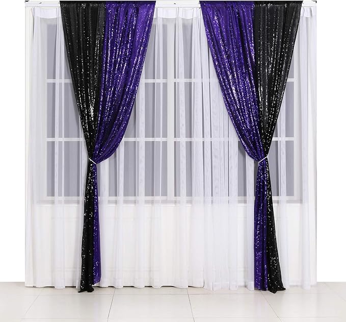 Poise3EHome 2ft x 8ft Purple Sequin Photography Backdrop Curtain 2 Panels for Party Decoration, Purple