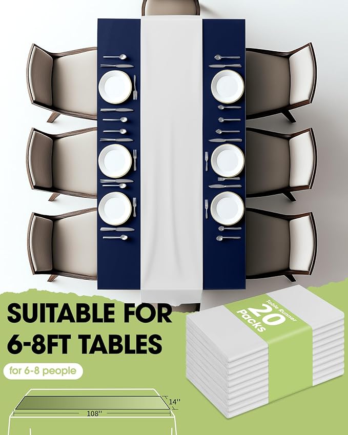 Pureegg White Plastic Table Runners - 20 Pack, 14'' x 108'', Water Resistant & Disposable Centerpiece Decorations for Table Cloth, Wedding, Birthday, Holiday, Baby Shower, Party, Home Decor