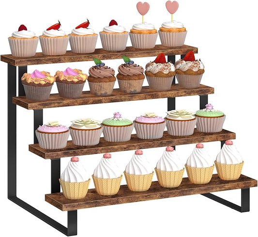 ELITEROO Cupcake Display Stand, 4 Tier Wooden Dessert Stand, Cookie Treat Stands for Dessert Table Set, Food Display Risers for Party Wedding Decor Birthday Graduation, Rustic Brown Straight