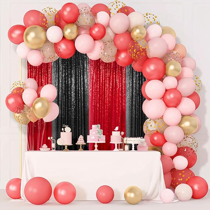 ShinyBeauty 4 Panels Black and Red Sequin Backdrop | 2Ft x 8Ft Sparkle Photo Background | Shimmer Curtains for Photography & Events | Perfect for Christmas & Party Decor