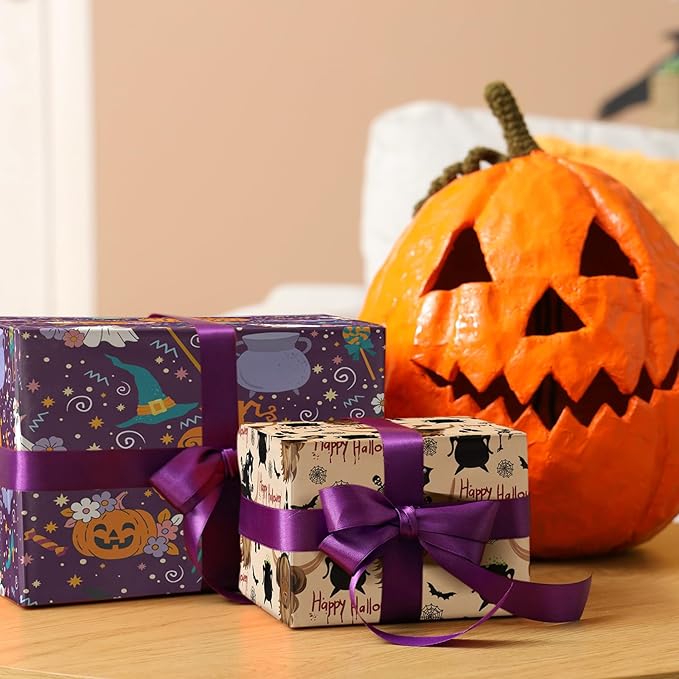LeZakaa Funny Halloween Wrapping Paper Roll for Kids, Highland Cow Design with Witches Bats Pumpkins for Fall Party, Halloween Trick-or-Treat Gifts Decor, Mini Roll 17 in x 16.4 Ft
