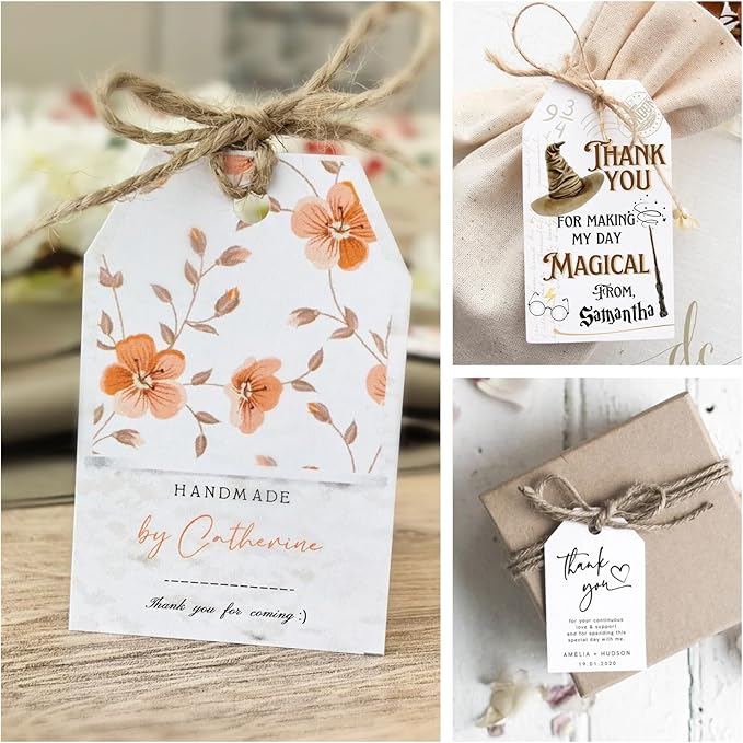 Custom 2.3x1.5 inch 60pack Gift Tags with Strings,Personalized Thank You Tags Party Decoration Paper Gift Labels for Birthday Wedding Favor Baby Shower Floral Hang Tag Hangtag