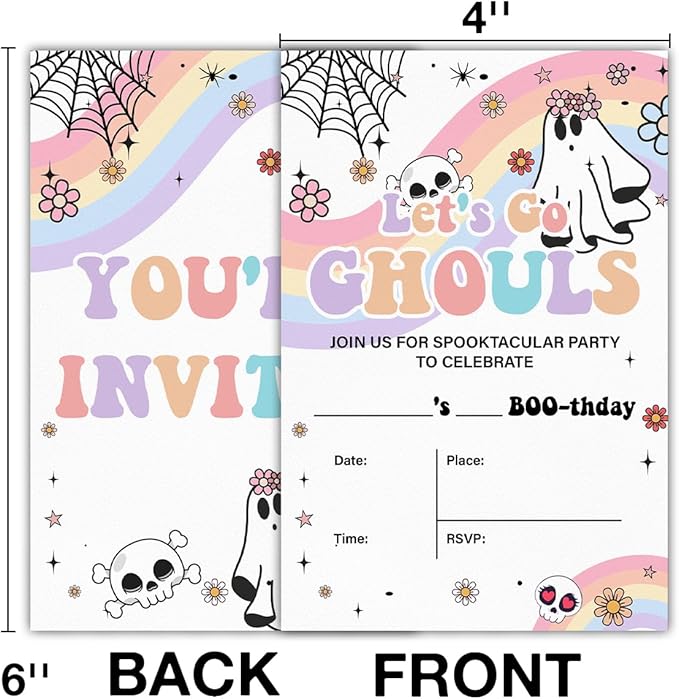 Halloween Birthday Invitations Groovy Rainbow Ghost Halloween Birthday Party Fill in Invites Cards With Envelopes (20 Count) Double Sided Design, Let's Go Ghouls