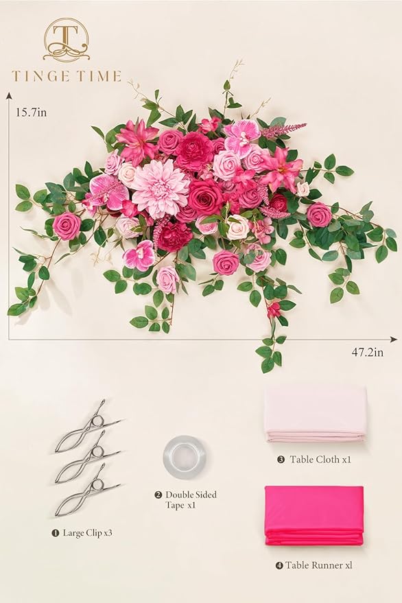 TINGE TIME Artificial Sweetheart Flower Swag with Table Cloth and Table Runner, Pack of 3 Floral Arrangement for Wedding Sweetheart Table Centerpiece Decoration Valentine's Day (Hot Pink)