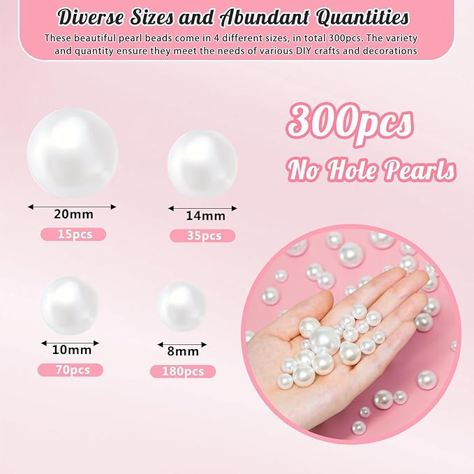 300Pcs Pearl Vase Filler, White No Hole Faux Pearl Beads for Centerpieces Vases, Candle Centerpieces, Wedding Birthday Party Home Decor 8/10/14/20mm