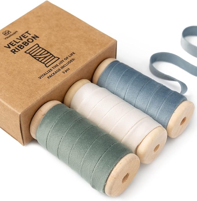 Vitalizart Velvet Ribbon Dusty Green Blue 3/8" x 15 Yd Fabric Trim 3 Rolls * 5 Yd for Christmas Wreath Decoration Craft Ornaments Gift Wrapping Bows