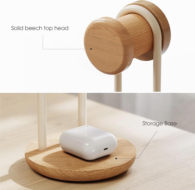 Fenge Headphone Stand for Desk, Nature Wood & Metal Headphone Holder with Storage Base, Desktop Headset Stand for Gaming Universal Headphones