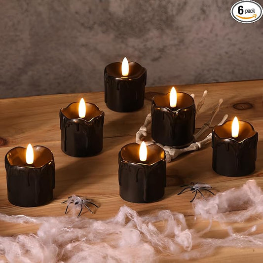 Eywamage Black Dripping Wax Flameless Candles with Timer Batteries, Realistic Flickering LED Votive Candles Set of 6
