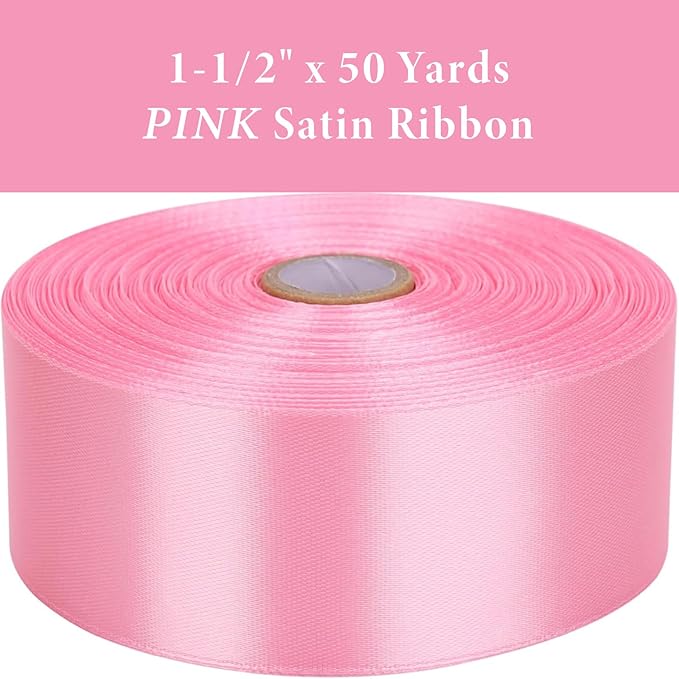 1-1/2 Inch Pink Satin Ribbon 50 Yards Solid Fabric Ribbons for Gift Wrapping, Crafts, Floral Arrangements, Wedding, Party, Holiday and Home Decor