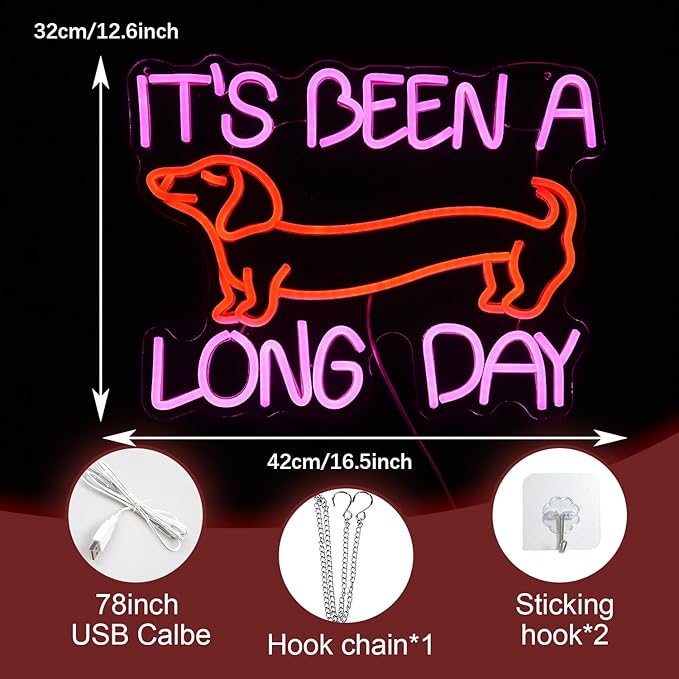 Dimmable Dog Neon Sign Pink It’s Been A Long Day Neon Light for Wall Decor Red Cute Dachshund LED Light Up Sign with USB for Bedroom Pet Shop Dog Theme Party Decor Gift for Dog Lovers (16.5*12.6In）