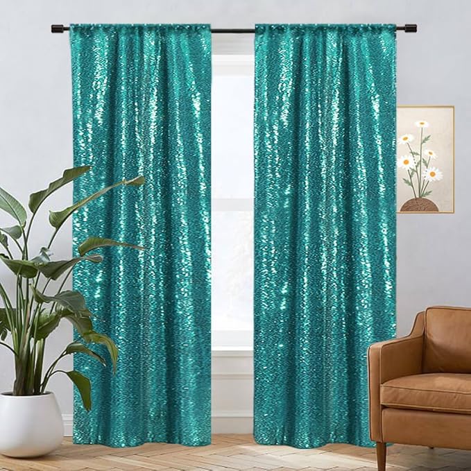 Eternal Beauty Teal Sequin Backdrop Curtains, Shimmer Back Drop 4Panels-2FTx8FT for Christmas, Party, Birthday, Photography, Wedding, Baby Shower Event Decoration