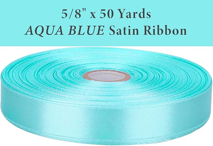 5/8" x 50 Yards Aqua Blue Satin Ribbon Single Faced Fabric Ribbons for Gift Wrapping, Crafting, Bows Making, Sewing, Wedding, Home Decor