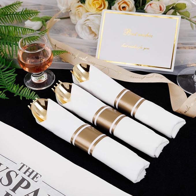 50Guests Pre Rolled Gold Plastic Silverware Sets - Heavy Duty Hammered Gold Cutlery Include 50 Pack Wrapped Disposable Utensils with Napkins for Parties, Dinners & Weddings