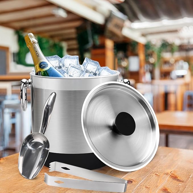 Double-Wall Stainless Steel Insulated Ice Bucket With Lid & Ice Tong [3 Liter] Included Strainer Keeps Ice Cold & Dry, Home Bar, Chilling Beer, Champagne, Wine Bottle