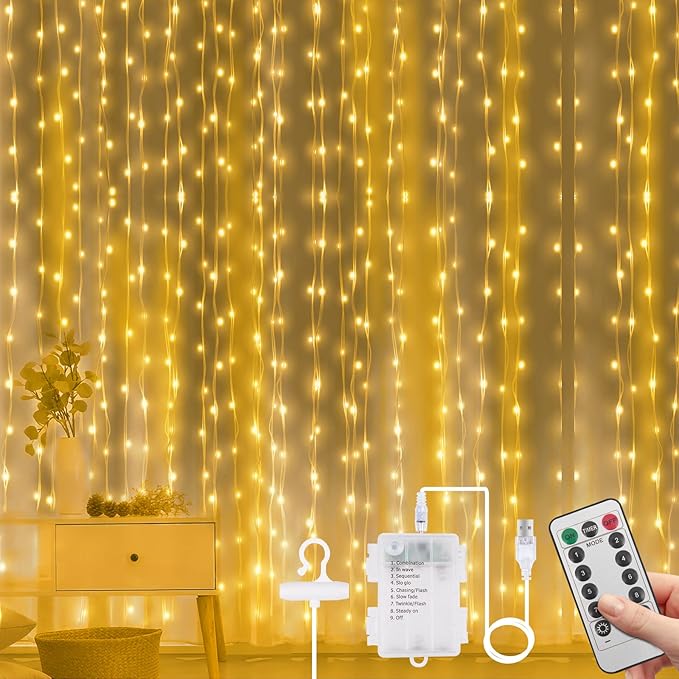 Vicloon Fairy Curtain Lights,300 LED Warm White Curtain Lights,8 Modes 9.8×9.8Ft Waterproof Window Curtain String Light USB&Battery Powered with Remote Control,String Lights Curtain for Indoor,Outdoor