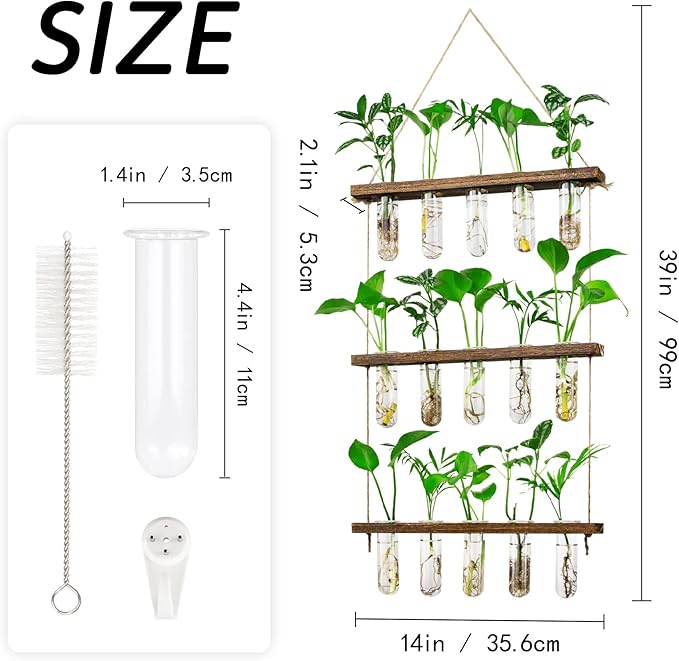 Monsiter QE 3 Tier Large Propagation Stations Wall Hanging Plant Terrarium with Wooden Stand, Retro Propagation Test Tube for Hydroponic Plants Cutting Flower, Propagator Home Office Patio Decor Gifts
