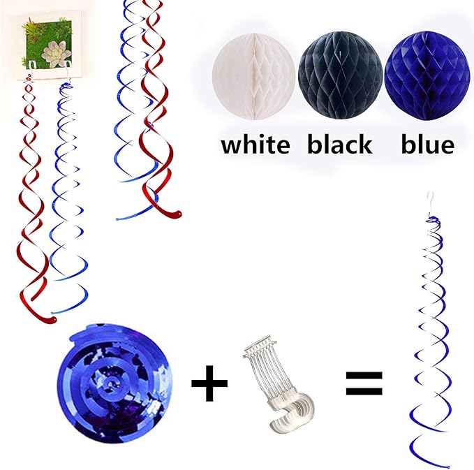 FECEDY Navy Blue White Black Happy Birthday Banner&Cute Flag Bunting Paper Circle Confetti Garland Swirl Streamers Honeycomb Ball for Birthday Party Decorations