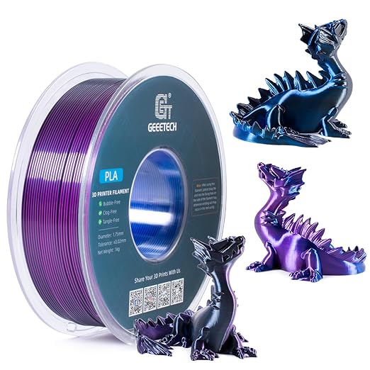 Geeetech Silk PLA Tri Color Filament 1.75mm 3D Printer Filament, Coextrusion Blue Purple Black Tri-Colors Metal-Like Shiny Silk PLA Filament, 1kg (2.2lbs) 1 Spool, Dimensional Accuracy +/- 0.02 mm