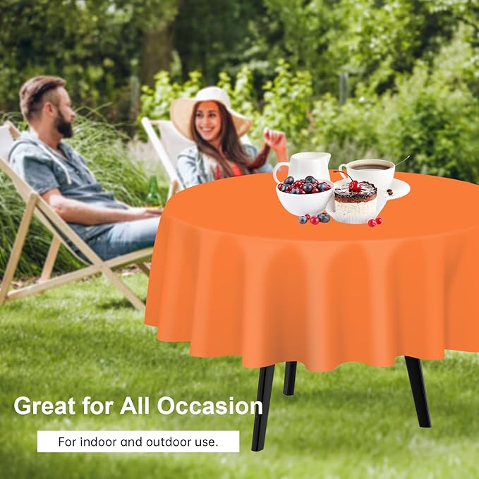 QIKSION Orange Round Tablecloth 12 Pack, 84 Inch Plastic Table Cover Disposable for Parties
