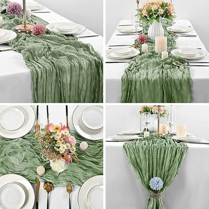10 Pack Sage Green Cheesecloth Table Runner -21*120Inch Long Boho Wedding Table Decor, Rustic Gauze Fabric Runner for Bridal Showers, Baby Showers & Parties (Sheer, Lightweight, Wrinkled Design)