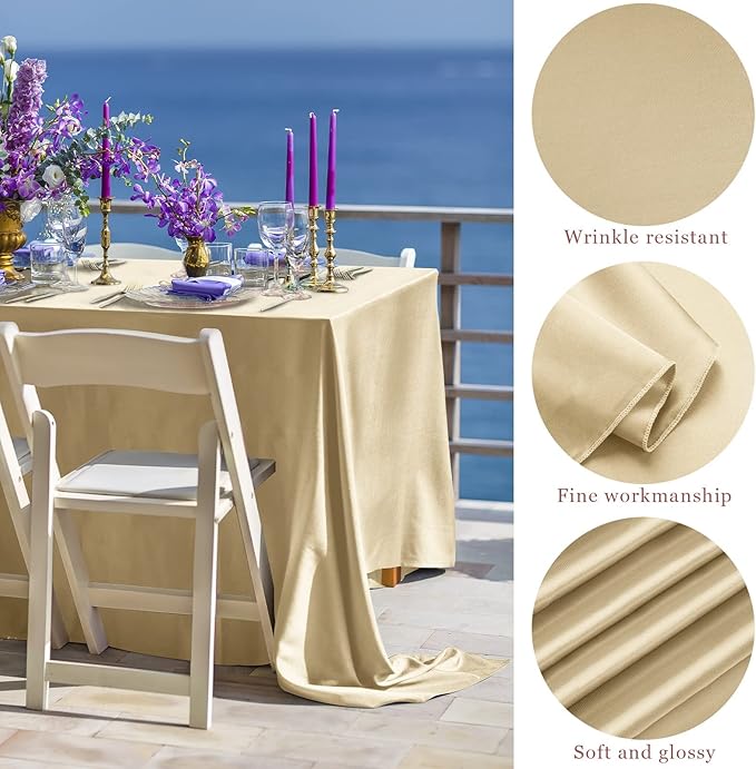 TURSTIN 4 Packs Champagne Satin Tablecloth 102 x 58 Inch Overlay Satin Table Cover Rectangle Bright Silk Tablecloth Smooth Fabric Table Decoration for Wedding Banquet Party Events