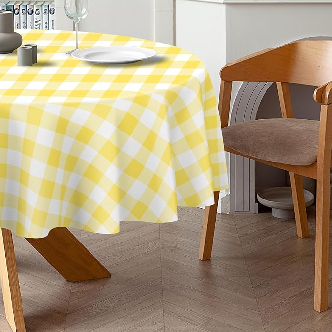 QIKSION Yellow Gingham Round Tablecloth 6 Pack, 84 Inch Plastic Checkered Table Cover Disposable for Parties