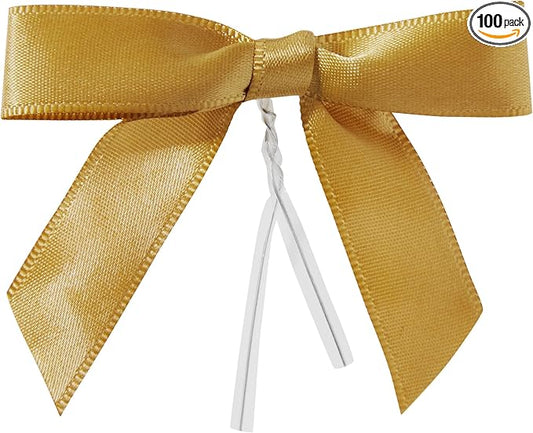 Juvale Satin Twist Tie Bows - Gold Twist Tie Bow Accents - Mini Ribbons for Crafts & Treat Bag Decor - 100 Pack, 3 x 2.5 in, 5.7 in Bands