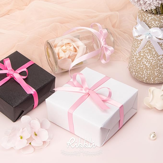 Ribbli Pink Satin Ribbon 3/8 Inch x 4 Rolls Total 40 Yards- White Pink Ribbon for Gift Wrapping Craft Wedding Decoration