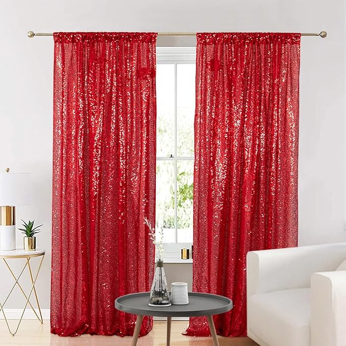 Eternal Beauty Red Sequin Backdrop Curtains, Shimmer Back Drop 4Panels-2FTx8FT for Christmas, Party, Birthday, Photography, Wedding, Baby Shower Event Decoration