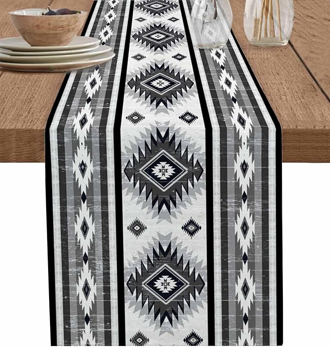 Aztec Southwest Cotton Linen Table Runner for Dining Kitchen, Wedding Outdoor Party Tablerunners Decoration, Boho Ethnic Tribes Vintage Grey Dresser Scarf Coffee Tablecloth Runners 13x120 Inches