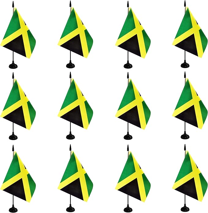 Jamaica Desk Flag, 12 Pack Jamaican Table Office Flags with Black Solid Pole and Stand Base, International Country Flag, Festival Celebration, Classroom Meeting Desktop Decor (Jamaica)