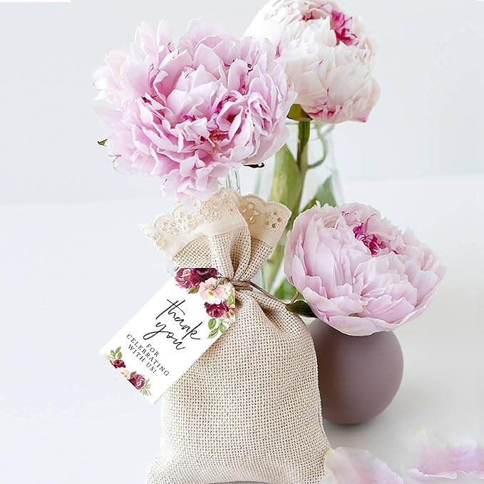 Andaz Press 100-Pack Thank You for Celebrating with Us Favor Tags Fall Burgundy Marsala Cardstock Gift Tags with Bakers Twine for Wedding Baby Shower Bridal Shower Party Favors 2 x 3.75-Inches