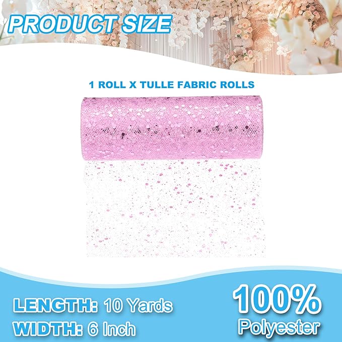 PATIKIL Tulle Fabric Rolls, 6 Inch by 10 Yards Fabric Spool Tulle Sparkling Ribbon Netting Sequin for DIY Tutu Skirts Crafts Wedding Party Decorations, Pink