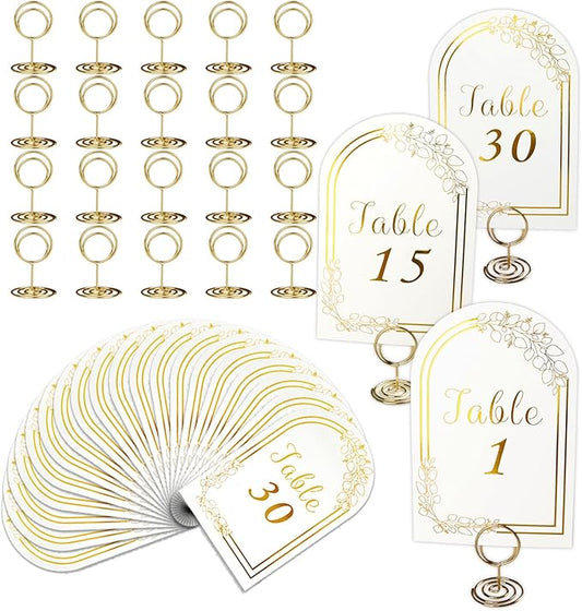 Wedding Table Numbers 1-30, 30 White Gold TableNumber Cards with 30 Gold Number Holders, 1 Set of 30 Table Numbers for Wedding Reception(Card and Holder)