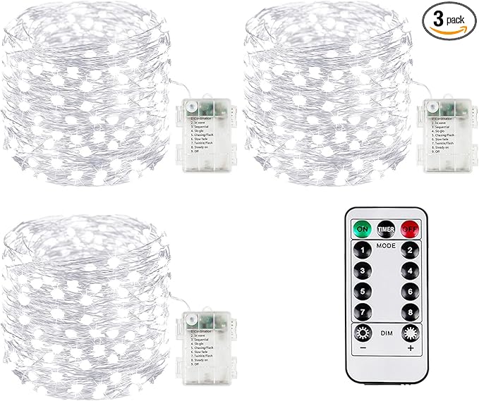 3Pack 99Ft 300LED Fairy Lights Battery Operated with Remote, Waterproof String Lights with Timer for Indoor & Outdoor, Twinkle Lights Battery Powered for Bedroom Wedding Christmas Decor (Cool White)