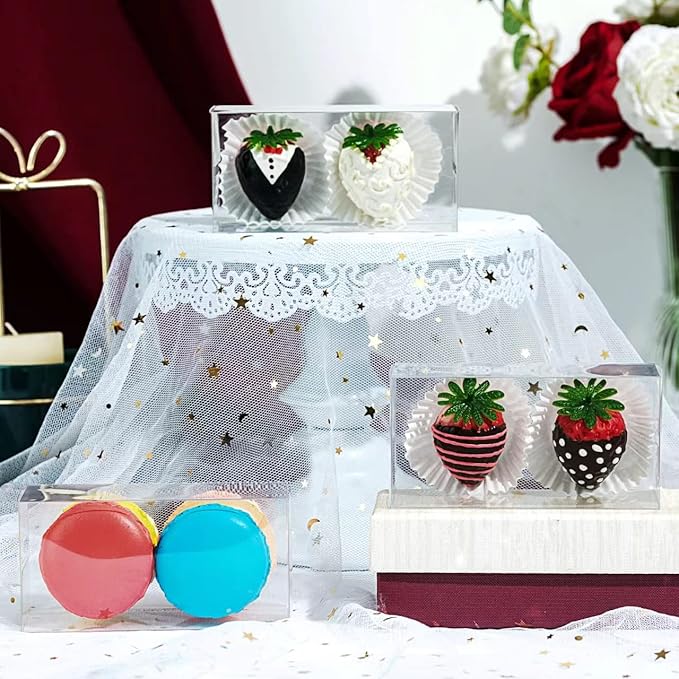 RomanticBaking 100 Pack 4 1/2" x 2 1/4" x 2" Small Chocolate Covered Strawberries Boxes for Mini Cupcakes, Hot Cocoa Bombs, Clear Plastic Party Favors for Christmas
