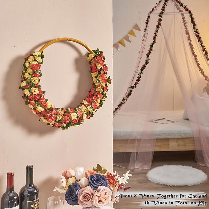 8 Pcs x 8.2 ft Flower Garland Artificial Rose Vine Flowers with Green Leaves Hanging Fake Roses Vine for Room Party Home Wedding Birthday Christmas Wall Arch Decor, Champagne Flower