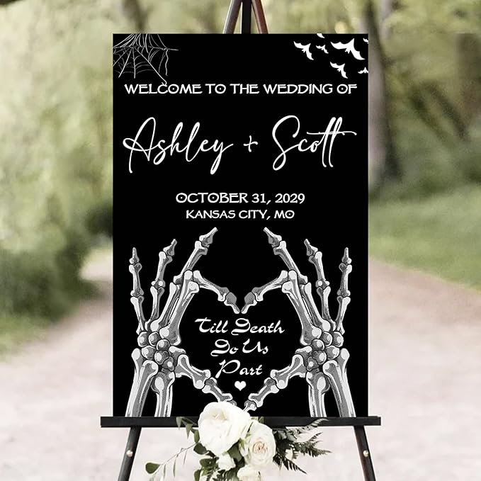 Gothic Halloween Wedding Welcome Sign, Til Death Do Us Part, 4mm Thick Plastic, 12"x18", Ground Stake