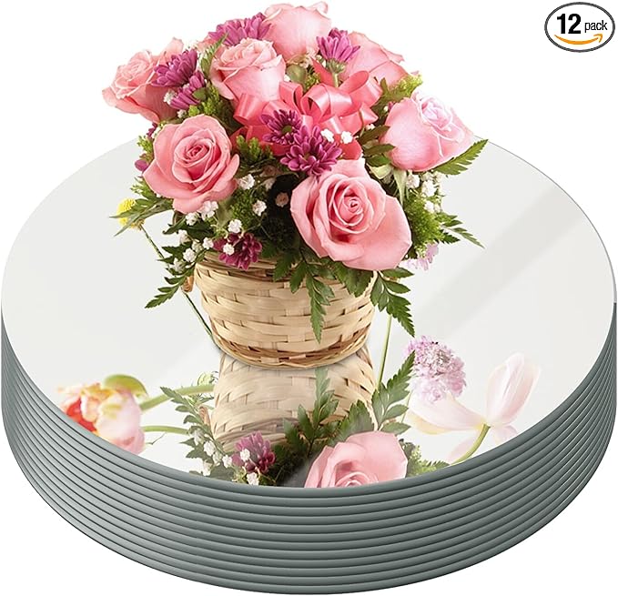 JAMBALAY Round Mirror Centerpieces for Tables, 12Inch Glass Mirror Table Centerpieces, Circle Glass Mirror Trays, Mirror Candle Plates for Wedding Decoration and Party, 12Pcs