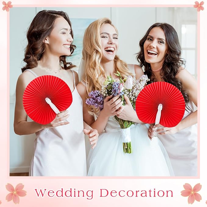 Handepo 200 Pieces Wedding Fans Folding Paper Fans Paper Fans Round Shaped Folding Fans Handheld Fan with Plastic Handle for Wedding Celebration Birthday Party Favor (Red)