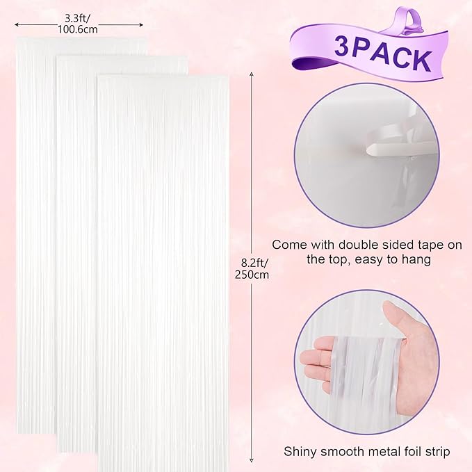 3 Pack 3.3x8.2 Feet White Foil Fringe Backdrop Curtains, Tinsel Streamers Birthday Party Decorations, Fringe Backdrop for Graduation, Baby Shower, Gender Reveal, Disco Party