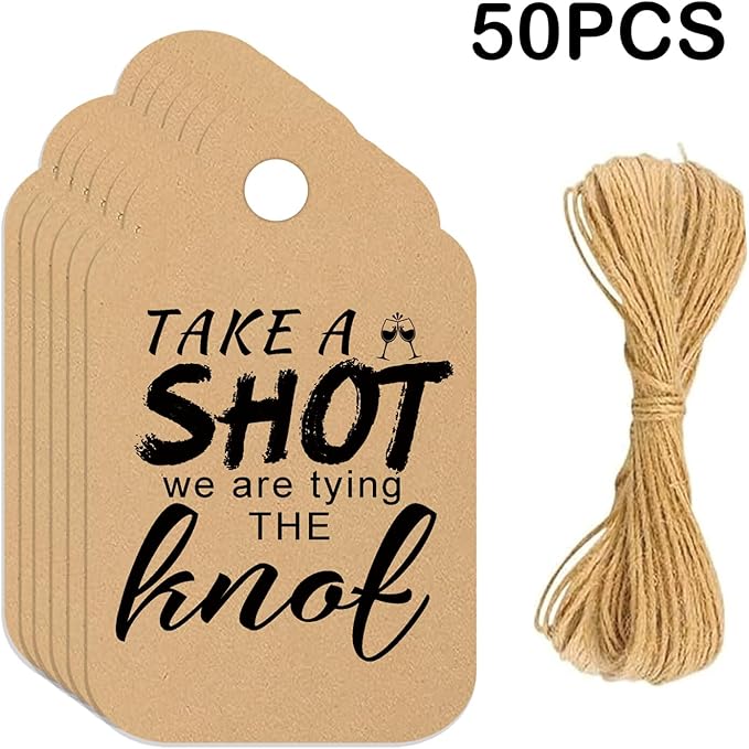 Take a Shot We are Tying (Or Tied) The Knot Tags with Hanging Hole Rectangle Kraft Paper Card Decorative Knot Tags for Engagement Party Wedding Decor, Bridal Party Gifts (Flower Border Kraft)