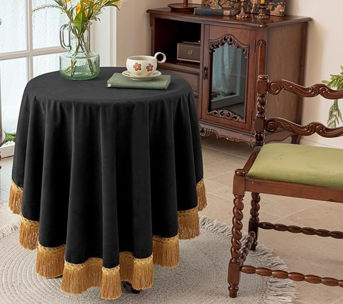 F-CHU Black Tablecloth Thickset Velvet Tablecloth with Beautiful Gold Tassels Vintage Table Cloth for Home Decor Wedding, Party, Banquet and Events 70" Round